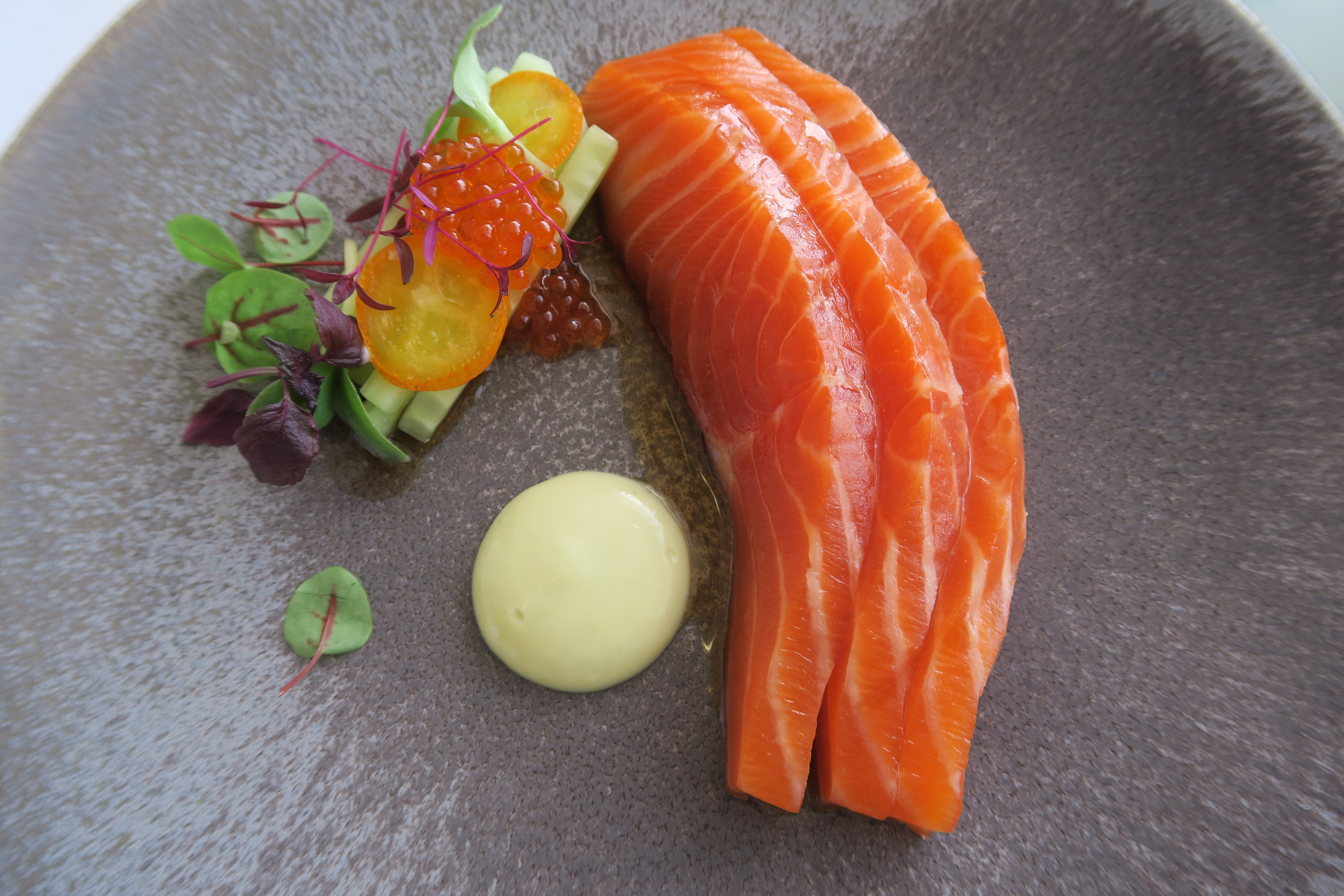 Lightly cured Norwegian Fjord sea trout,  wasabi emulsion, plum soy & shizo by chef Joo Won, Galvin at Windows, The Staff Canteen Live Networking Lunch 2018