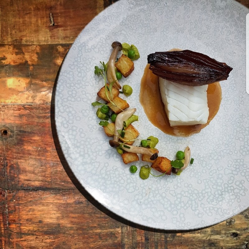 Confit halibut, chicken butter sauce, braised shallot, peas, mushroom & potato by chef Spencer Hewitt,  chefs to follow on Instagram, food pics, social media, The Staff Canteen, Instagram Top Ten
