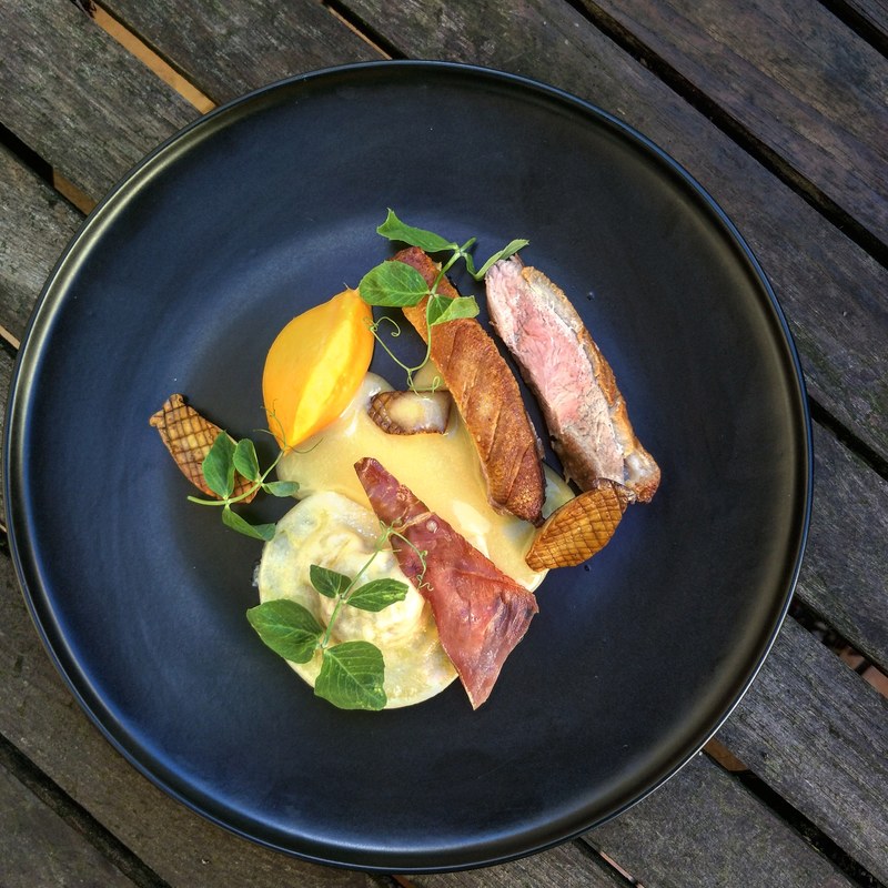 Duck breast, confit duck raviolo, prosciuto crisp, sweet potato puree, oyster mushroom, & orange sauce by chef Andrew Christianto, chefs to follow on Instagram, food pics, social media, The Staff Canteen, Instagram Top Ten