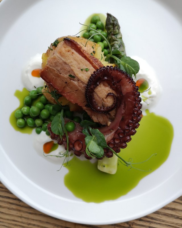 Octopus, pork belly, asparagus, peas, creme fraiche, chili and smoked herb oil by chef Owen Morrice, chefs to follow on Instagram, food pics, social media, The Staff Canteen, Instagram Top Ten