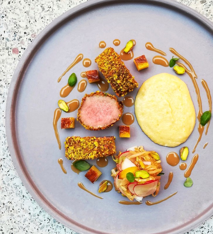 Pistachio pork fillet, coconut polenta, chard mango, soybean bean sprout & coconut salad by chef Onik Minasian, chefs to follow on Instagram, food pics, social media, The Staff Canteen, Instagram Top Ten