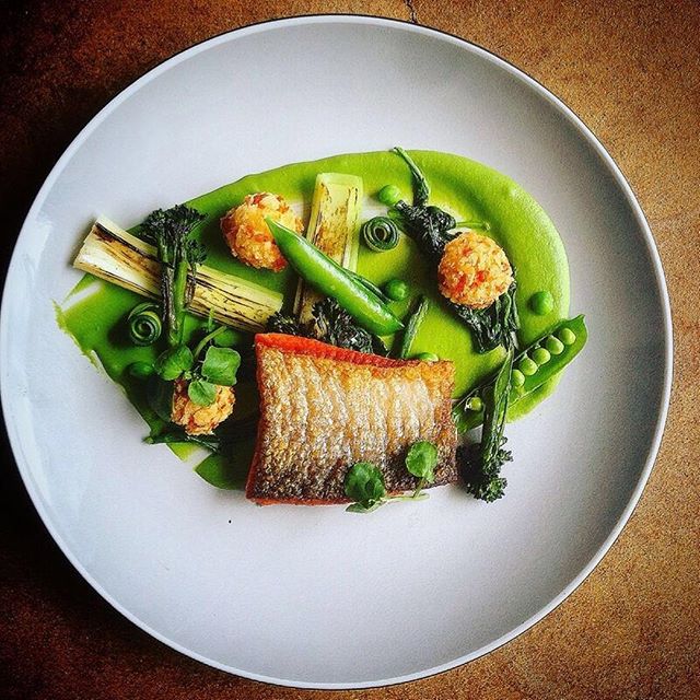 Salmon, Peas, Crab Smoked Bacon Croquette, Charred Leek, Roasted Broccoli and Spinach by chef Charles Lee