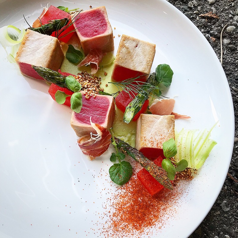 1. Ahi, chilli and lime compressed watermelon, citrus roasted asparagus, avocado and wasabi purée by chef Ryne Harwick, chefs to follow on Instagram, food pics, social media, The Staff Canteen, Instagram Top Ten