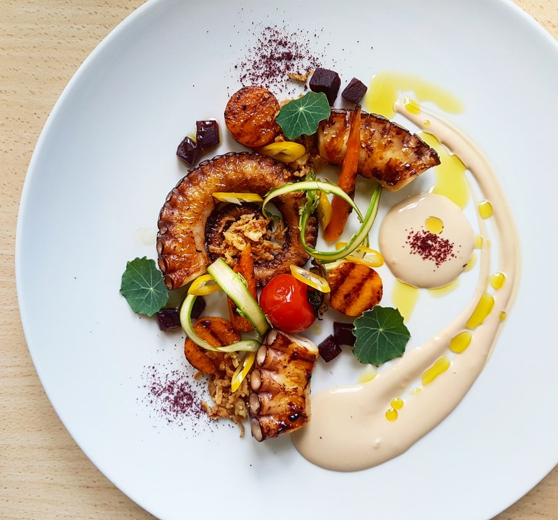5. Sous vide grilled octopus, spicy beetroot, grilled carrot and butternut squash, roasted onion creme fraiche cream, beet powder by chef Saša Vojnović, chefs to follow on Instagram, food pics, social media, The Staff Canteen, Instagram Top Ten