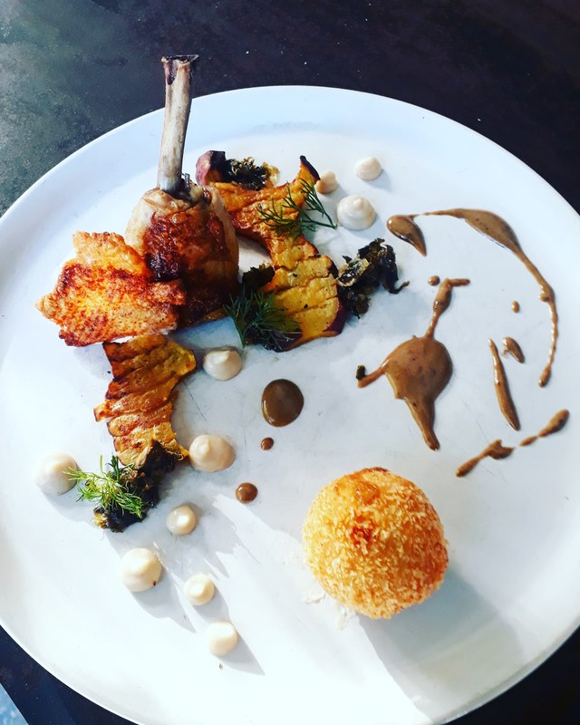 Chicken lollipop, confit chicken croquette, fondant sweet spuds, mustard cream, scallions and caper jam, roasted cauliflower puree by Bell Laity (@belle_laity), chefs, food pics, chefs to follow, Instagram, The Staff Canteen