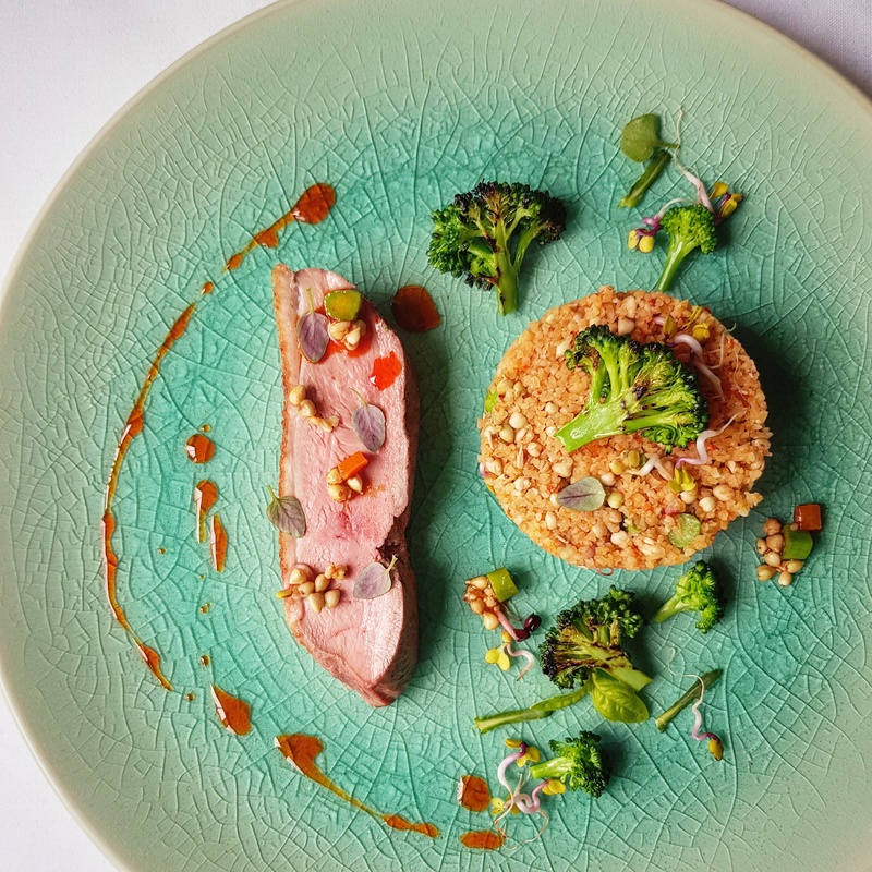 Duck breast, sprouting buckwheat tabouleh, tenderstem broccoli, fermented bean, chilli and duckfat vinaigrette ???????? by Ben Pope (@chefbenpope)⠀chefs, food pics, chefs to follow, Instagram, The Staff Canteen