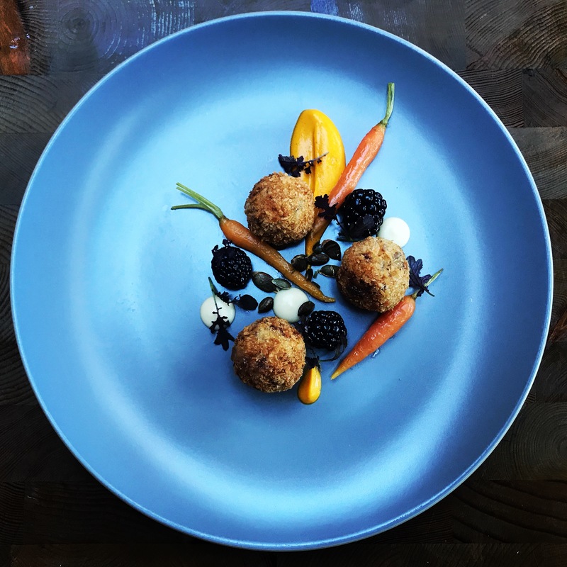 Smoked duck croquette, baby carrots, carrot and liquorice purée, lightly pickled blackberries, apple gel, toasted pumpkin seeds ???????? by Joe Mccarthy (@chef_joe_mccarthy), chefs, food pics, chefs to follow, Instagram, The Staff Canteen⠀