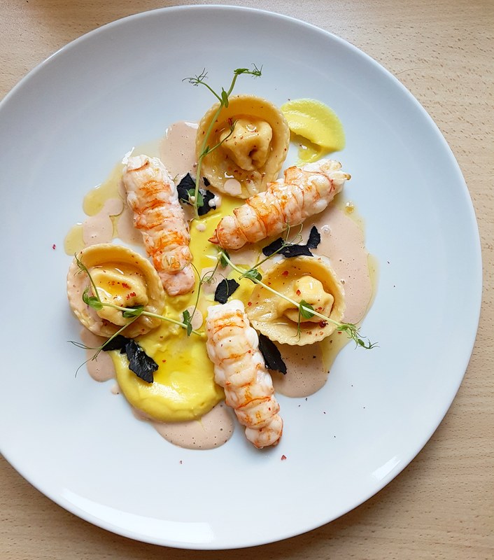Monkfish tortellini, parsnip curry puree, brown butter langoustine, coconut bisque, red pepper flakes, pea shoots by chef Sasa Vojnovic, chefs to follow on Instagram, food pics, social media, The Staff Canteen, Instagram Top Ten