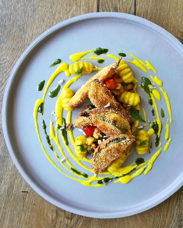 Popcorn fried globe courgette, sweetcorn puree, curry gnocchi, coriander & pistachio pesto, spicy tomatoes by chef Onik Minasian, chefs to follow on Instagram, food pics, social media, The Staff Canteen, Instagram Top Ten