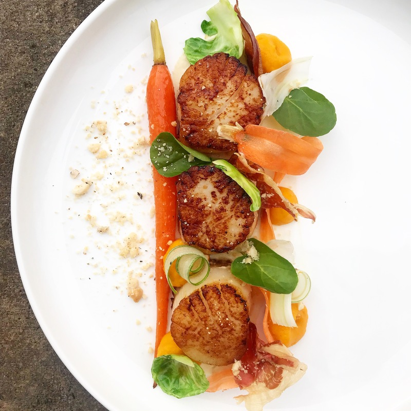 Scallops, confit carrot, parsnip purée, praline, guancialie by chef Ryne Harwick, chefs to follow on Instagram, food pics, social media, The Staff Canteen, Instagram Top Ten