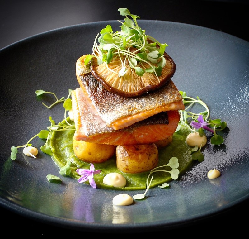 Trout with rosti creole potatoes flavored with garlic, pea and basil puree by chef Carlos Alvarez, chefs to follow on Instagram, food pics, social media, The Staff Canteen, Instagram Top Ten
