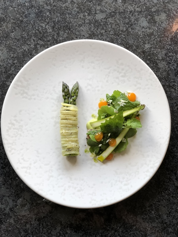 Yorkshire asparagus, pea, Wild garlic, foraged salad, egg yolk by chef Michael Carr, chefs to follow on Instagram, food pics, social media, The Staff Canteen, Instagram Top Ten