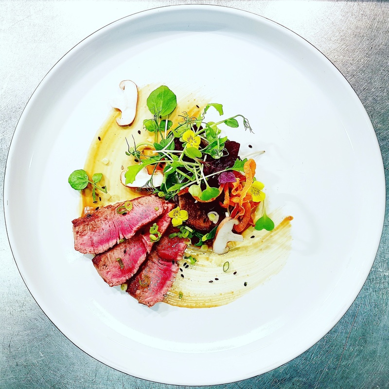 Yorkshire beef rump, sweet potato hay, shiitake mushroom, miso diane sauce by chef Zong Tang, food pics, top chefs on Instagram