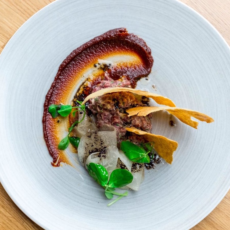 Venison tartar, burnt ketchup, pickled kohlrabi and truffle dressing by chef George Tannock, food pics, top chefs on Instagram
