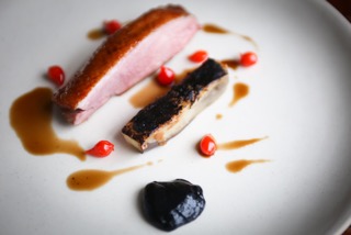 Slow-cooked duck breast, steamed aubergine, tear-drop peppers and tasty paste