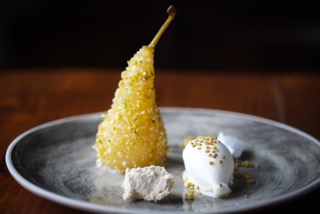 " Poached Williams pear, with Yorkshire honey ice-cream and a nougatine crust