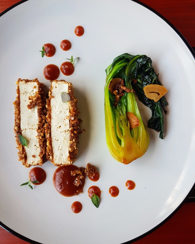 Peanut butter crusted Tofu, chilli jam, Garlic and Soy Bok Choi by chef Ben Pope, The Plough Pub Coton, The Staff Canteen Member of the Month March 2018