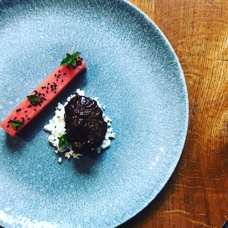 Pigs cheek, pickled watermelon, feta, mint by Joe Mccarthy, head chef, The Wychwood Inn - The Staff Canteen Member of the Month October 2017