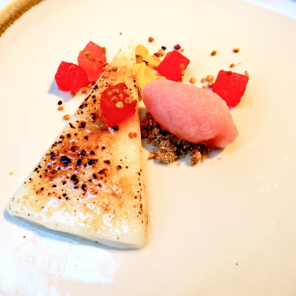 Glazed ribblesdale goats cheese, watermelon, bee pollen at Pike and Pine, Brighton, chef Matt Gillan, The Staff Canteen Live 2018 networking lunch