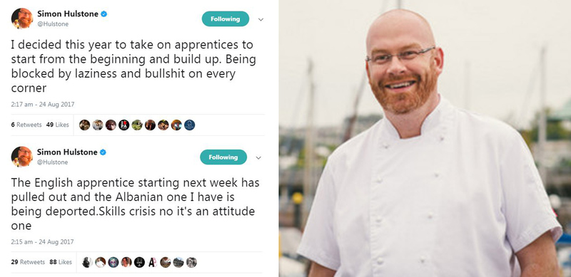 Simon Hulstone says 'skills crisis, no it's an attitude one' as apprentice drops out from role, chef shortage, apprenticeships, training
