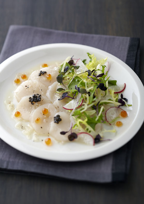 Scottish King Scallop Ceviche with Blanched Korean Ginseng%2C Oscietra Caviar and Hazelnut Lime Sauce (c)