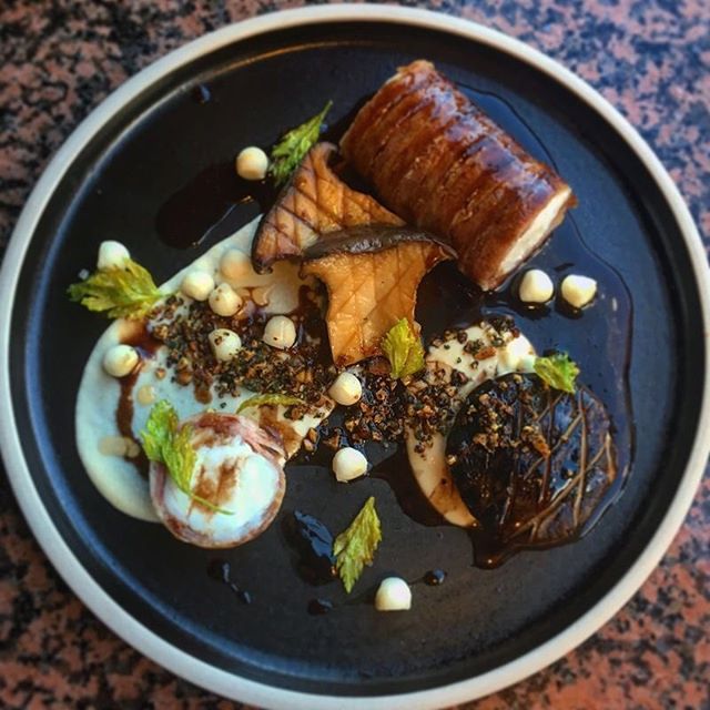 Monkfish wrapped in smokey bacon, king oyster mushrooms, celariac purée, pickled celariac, hazelnut and sage crumb, crispy celery tops and wild mushroom and red wine jus by chef Owen Morrice, chefs to follow, Instagram, food pics, The Staff Canteen