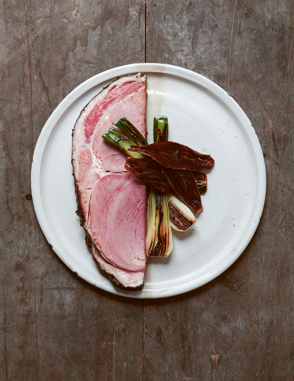 Roasted Ham, Black Garlic and Onions recipe by chef Tommy Banks, Black Swan at Oldstead, taken from his debut cookbook, Roots